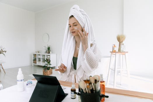 A woman in a bathrobe applies skincare products in a bright bathroom setting.