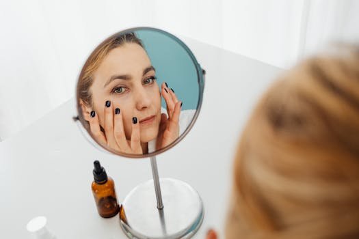 A woman touches her face while looking into a mirror with a skincare bottle nearby.